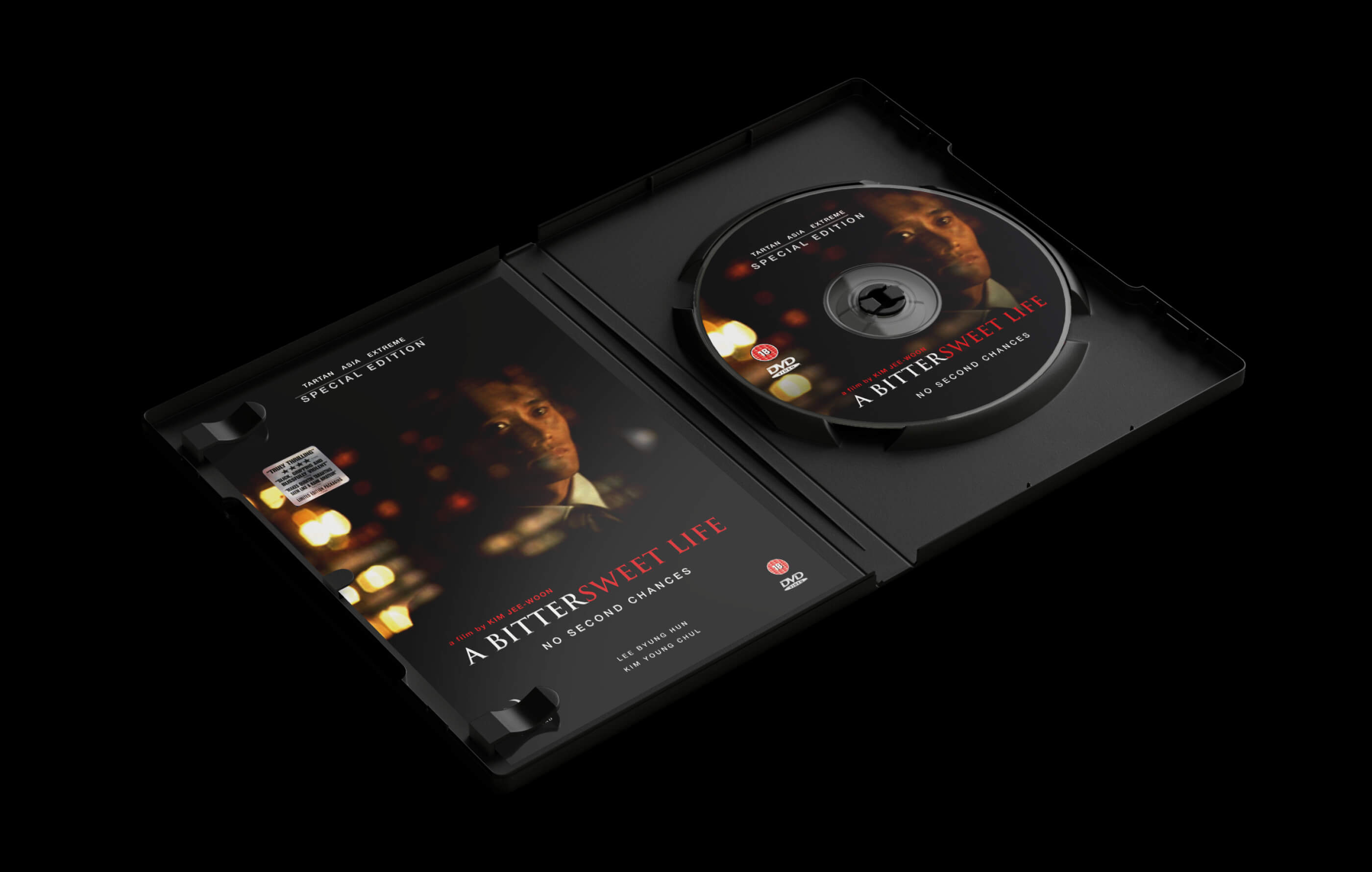 3D render of a dark grey open DVD case, with pull-out leaflet on the left hand side and DVD on the right